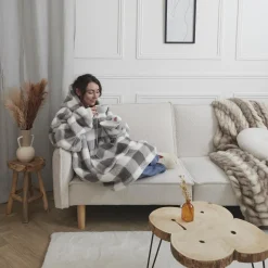 Bluza ocieplana długa/ snuddie w kratę szara/biała