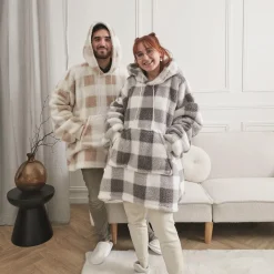 Bluza ocieplana długa/snuddie w kratę beżowa/biała