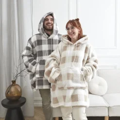 Bluza ocieplana długa/snuddie w kratę beżowa/biała