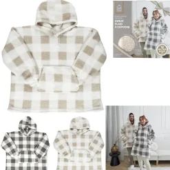 Bluza ocieplana długa/snuddie w kratę beżowa/biała