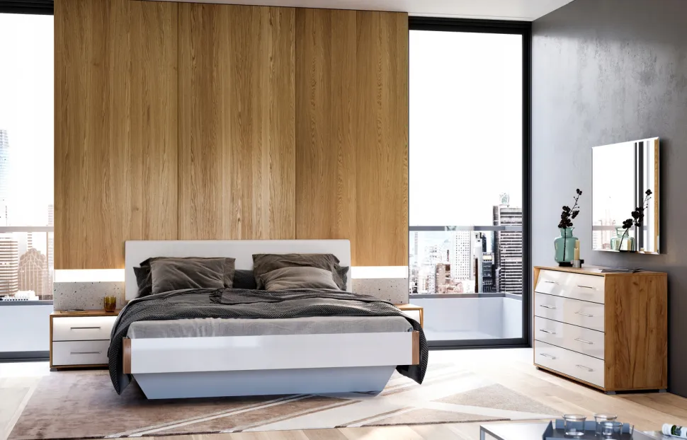 Łóżko Madera 180cm biała eko skóra/dąb