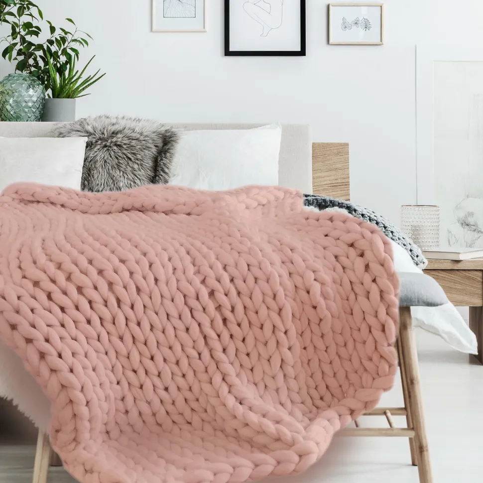 Koc Chunky gruby różowy dzianinowy