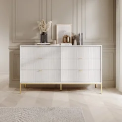 Komoda Delicious 6 szuflad ryflowana biała/złote nogi