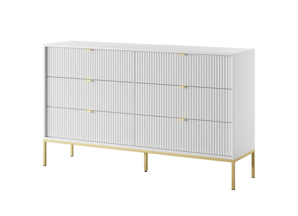 Komoda Delicious 6 szuflad ryflowana biała/złote nogi