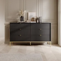 Komoda Delicious 6 szuflad ryflowana czarna/złote nogi