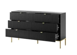 Komoda Delicious 6 szuflad ryflowana czarna/złote nogi