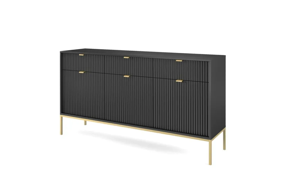 Komoda Delicious duża ryflowana czarna/ złote nogi