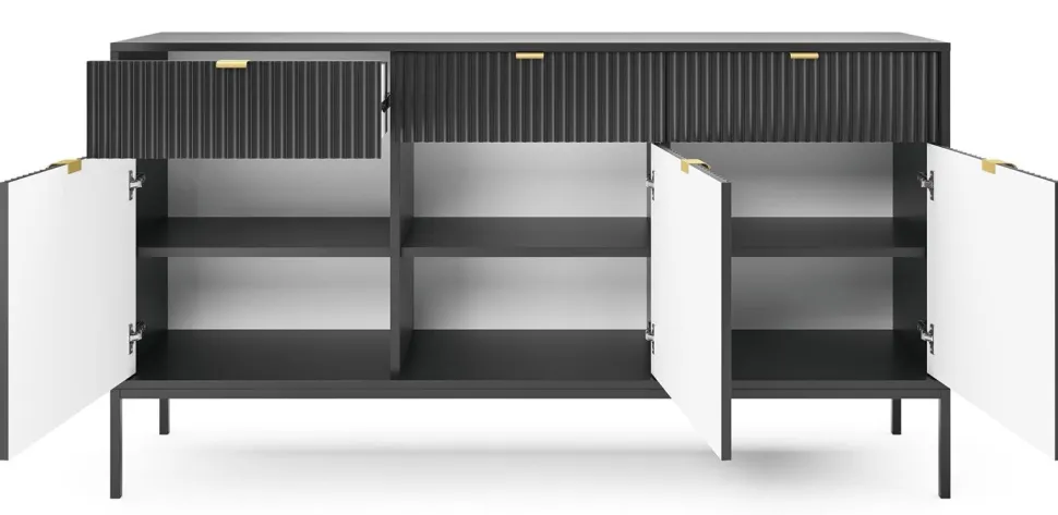 Komoda Delicious duża ryflowana czarna/ złote nogi