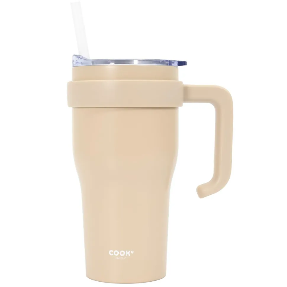 Kubek termiczny z uchwytem i słomką Miami 600ml beżowy