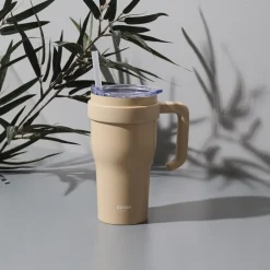 Kubek termiczny z uchwytem i słomką       Miami 600ml beżowy