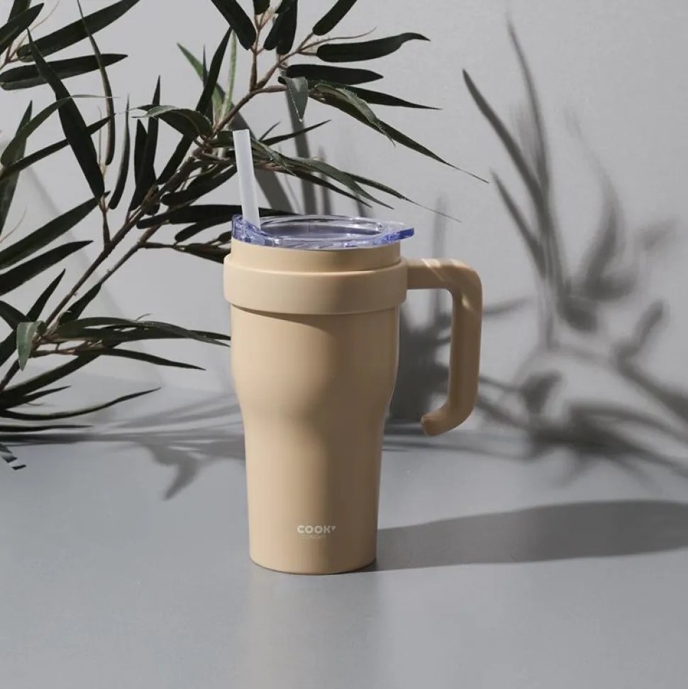 Kubek termiczny z uchwytem i słomką Miami 600ml beżowy