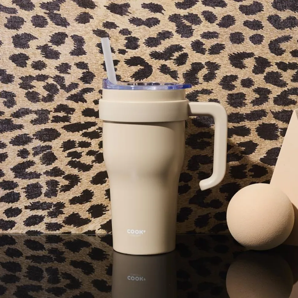 Kubek termiczny z uchwytem i słomką Miami 600ml beżowy