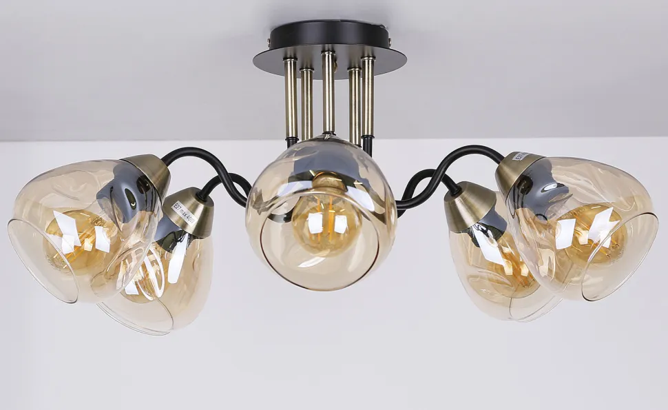Lampa sufitowa Unica czarny+złoty 5x40W E27 klosz dymiony