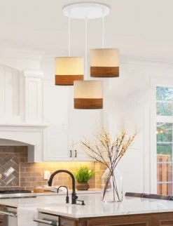 Lampa wisząca Bianco biały talerz 3x40W  E27 abażur biały+orzechowy