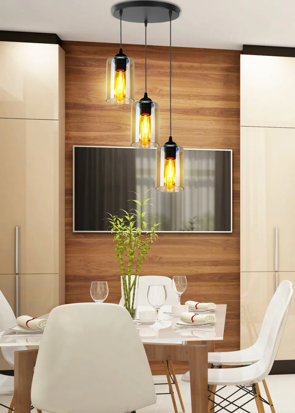 Lampa wisząca Bistro czarny talerz 3x40W E27 klosz brązowy