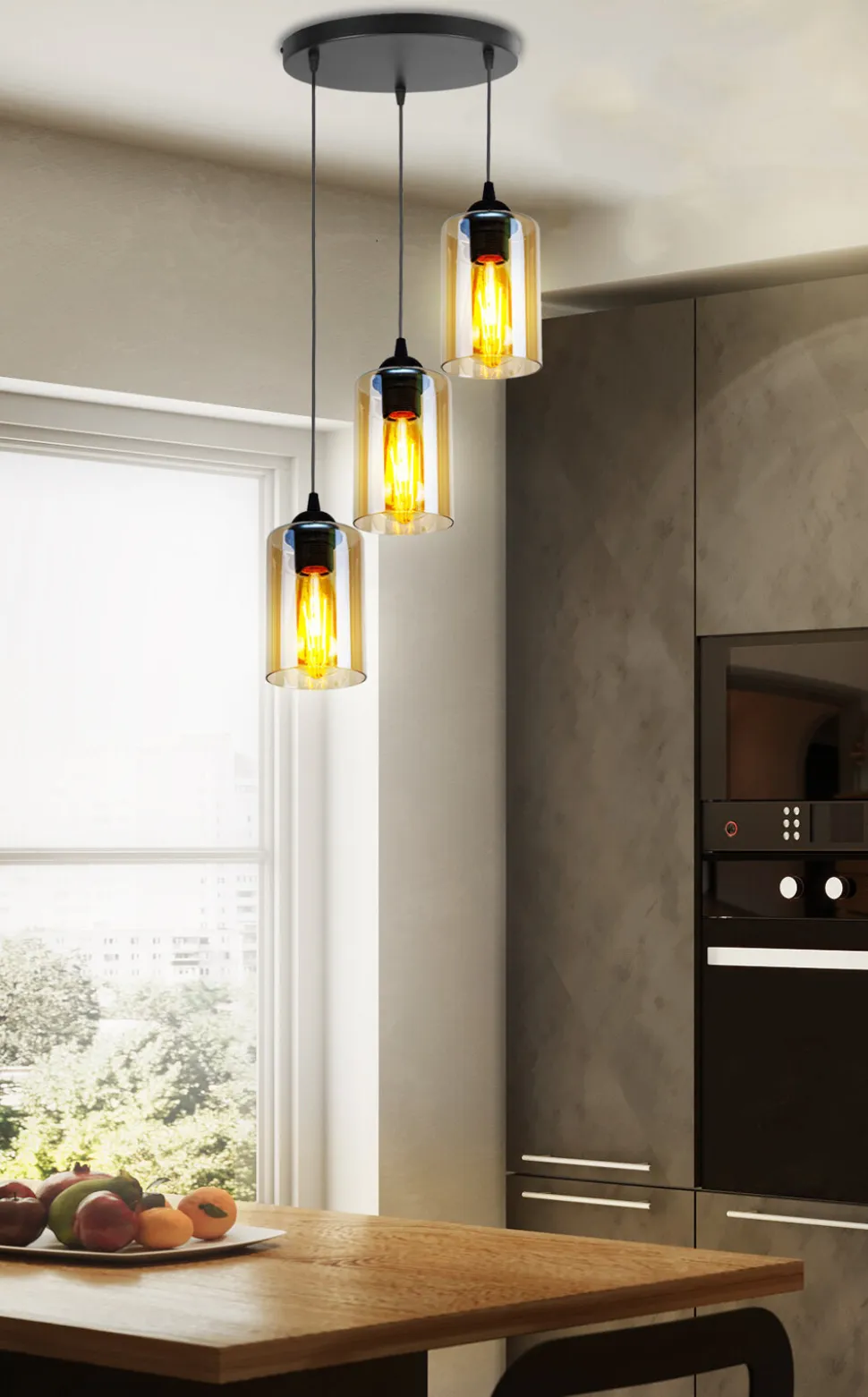 Lampa wisząca Bistro czarny talerz 3x40W E27 klosz brązowy