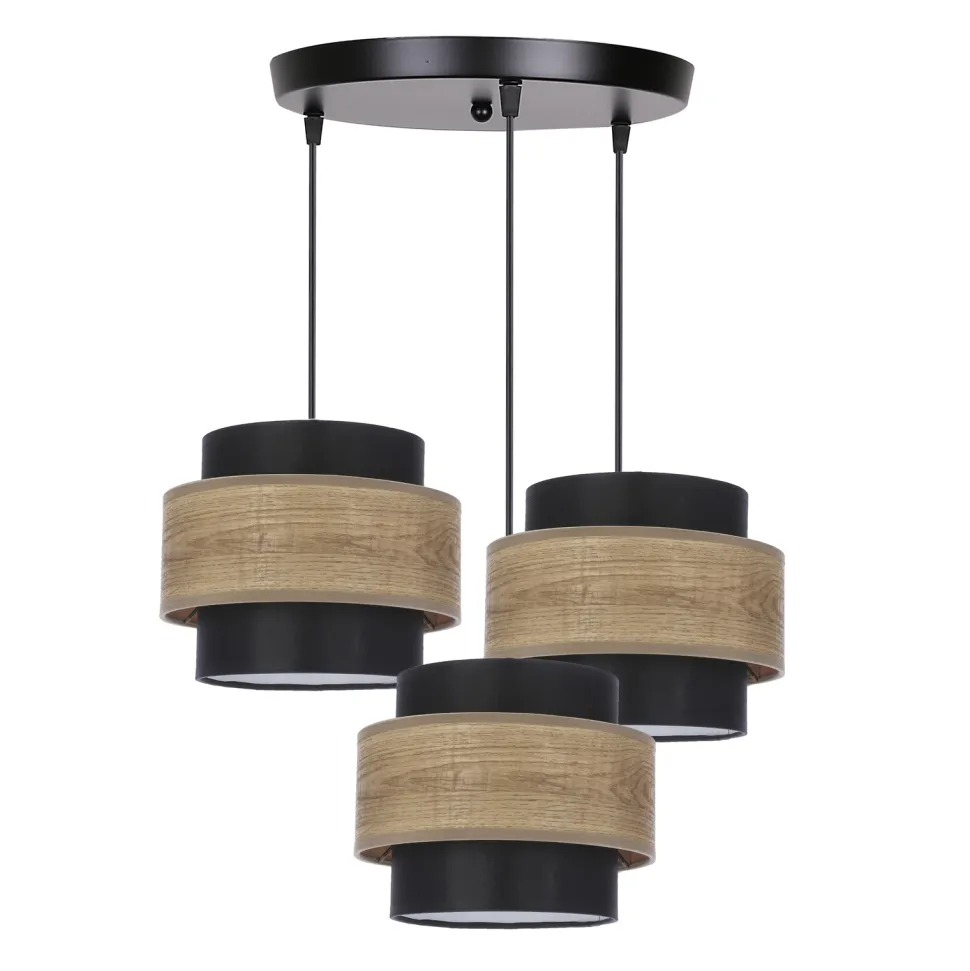 Lampa wisząca Twin czarny talerz 3x40W E27 abażur czarny+drewniany