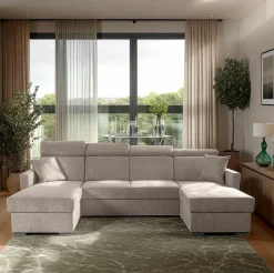 Narożnik Mils U z funkcją spania beżowy   tkanina Soro 23