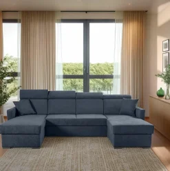 Narożnik Mils U z funkcją spania szary    granat tkanina Soro 97