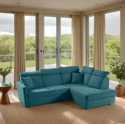 Narożnik Mils XL prawostronny z funkcją   spania morski tkanina Soro 86