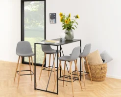 Stołek barowy Wilma wysoki szary jasny/ dąb tapicerowany