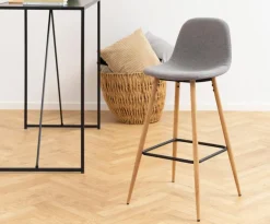 Stołek barowy Wilma wysoki szary jasny/ dąb tapicerowany