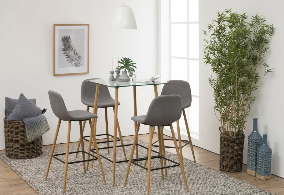 Stołek barowy Wilma wysoki szary jasny/ dąb tapicerowany