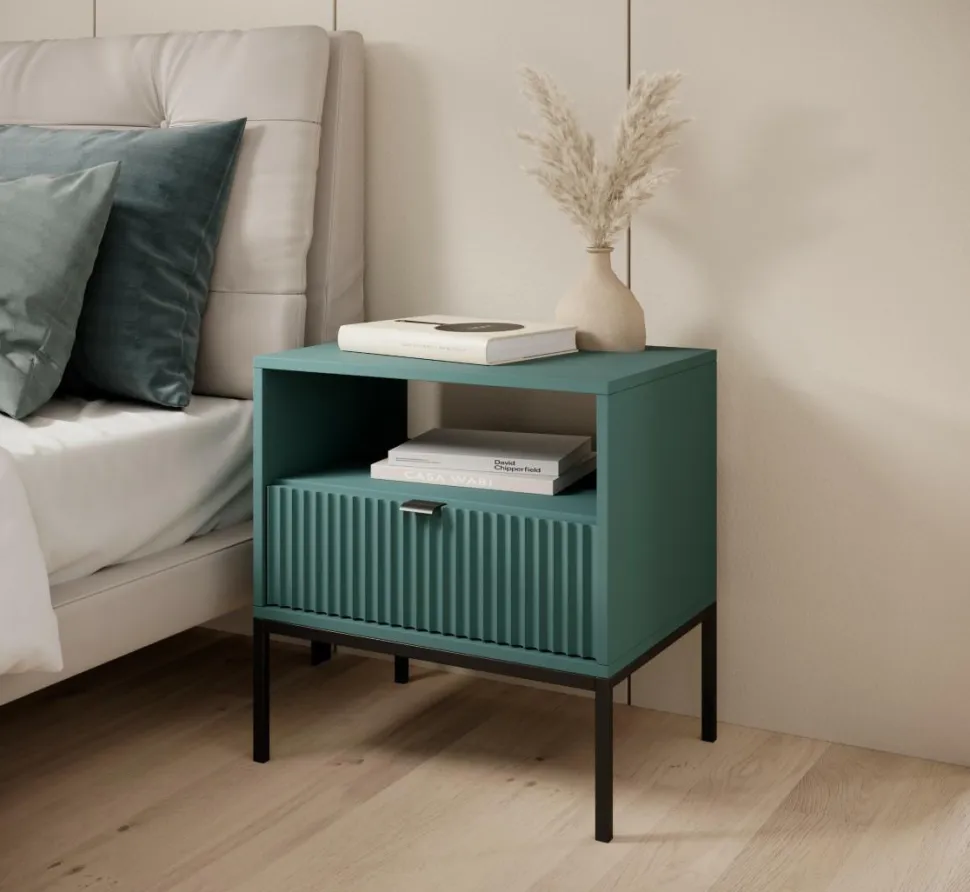 Szafka nocna Delicious ryflowana zielona czarne uchwyty