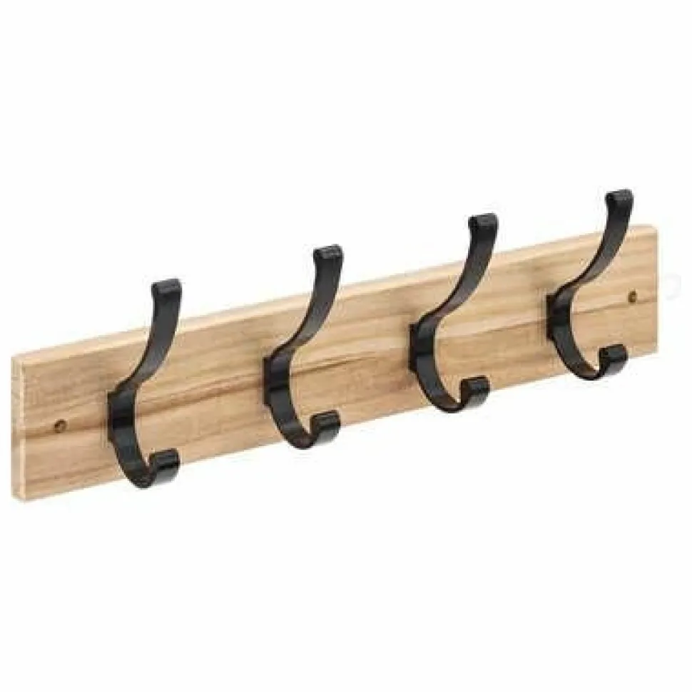 Wieszak ścienny 4 haki drewno/czarny metal