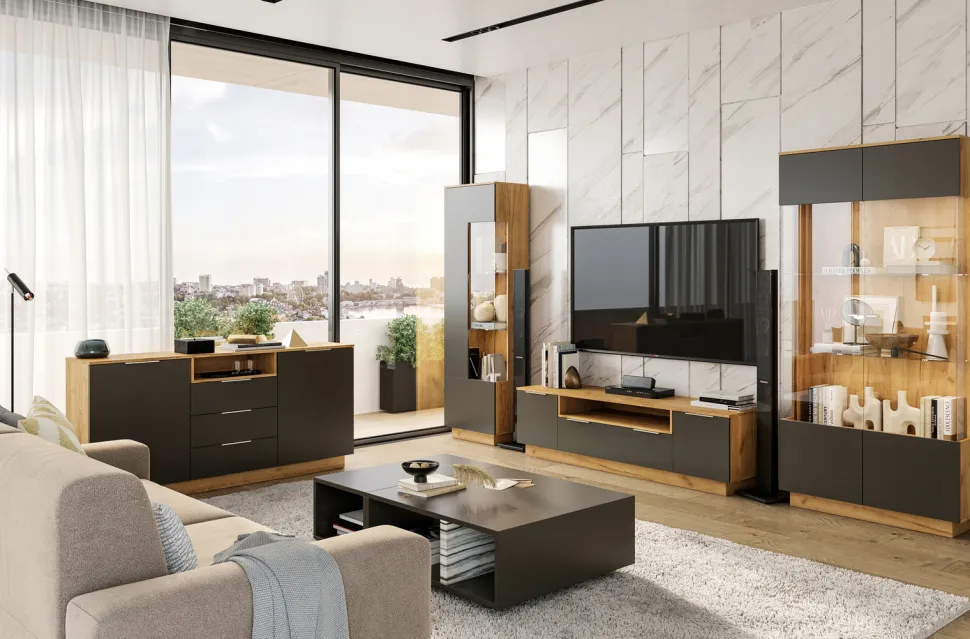 Witryna Lana lewa LED dąb/szary