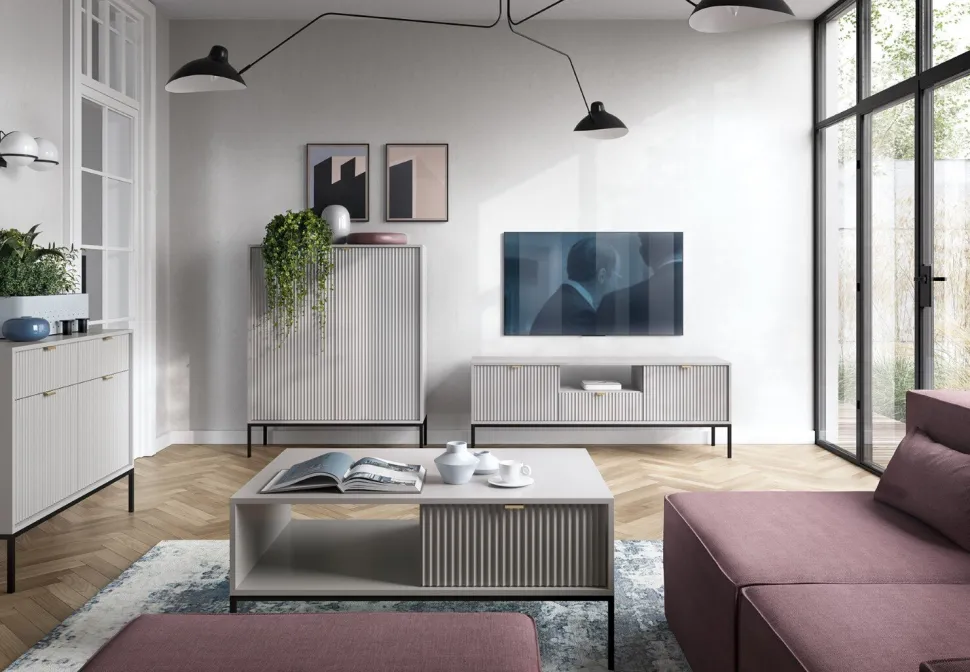 Zestaw mebli do salonu szary/czarny Delicious ryflowane fronty