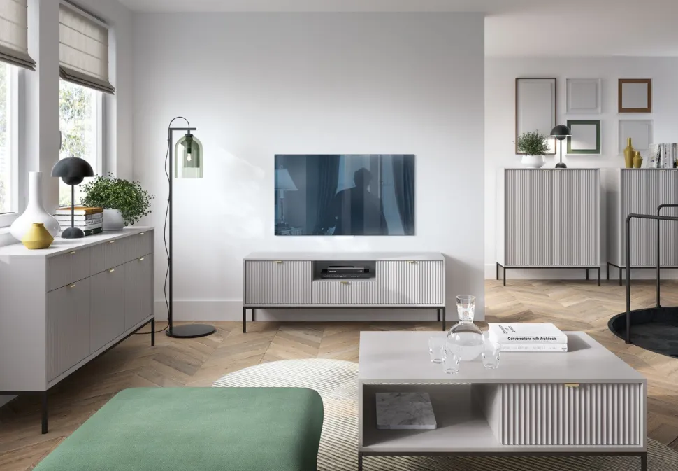 Zestaw mebli do salonu szary/czarny Delicious ryflowane fronty